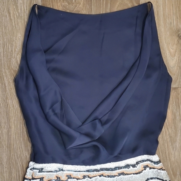 Blaise Kavanagh Silk Sequin Cocktail Dress Black Draped Back Striped Sleeveless - Picture 4 of 10